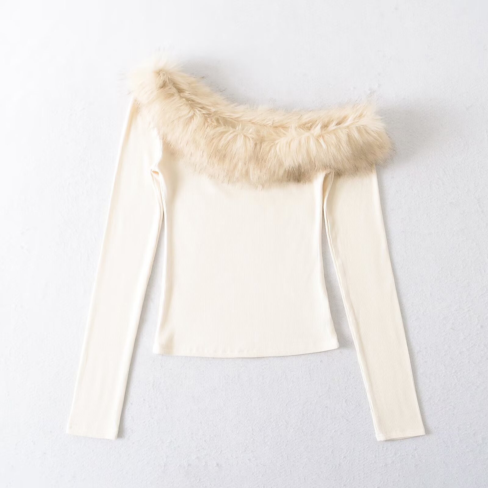 Kall Shopping Kall Shopping Ribbed Long Sleeve Fur Trim Top free size size: free size