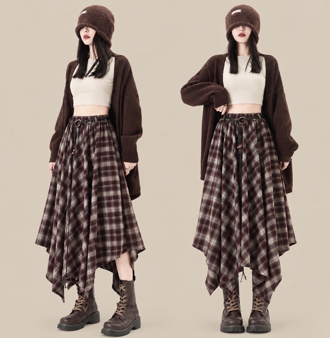 Kall Shopping Kall Shopping Plaid Asymmetric Hem Midi Skirt