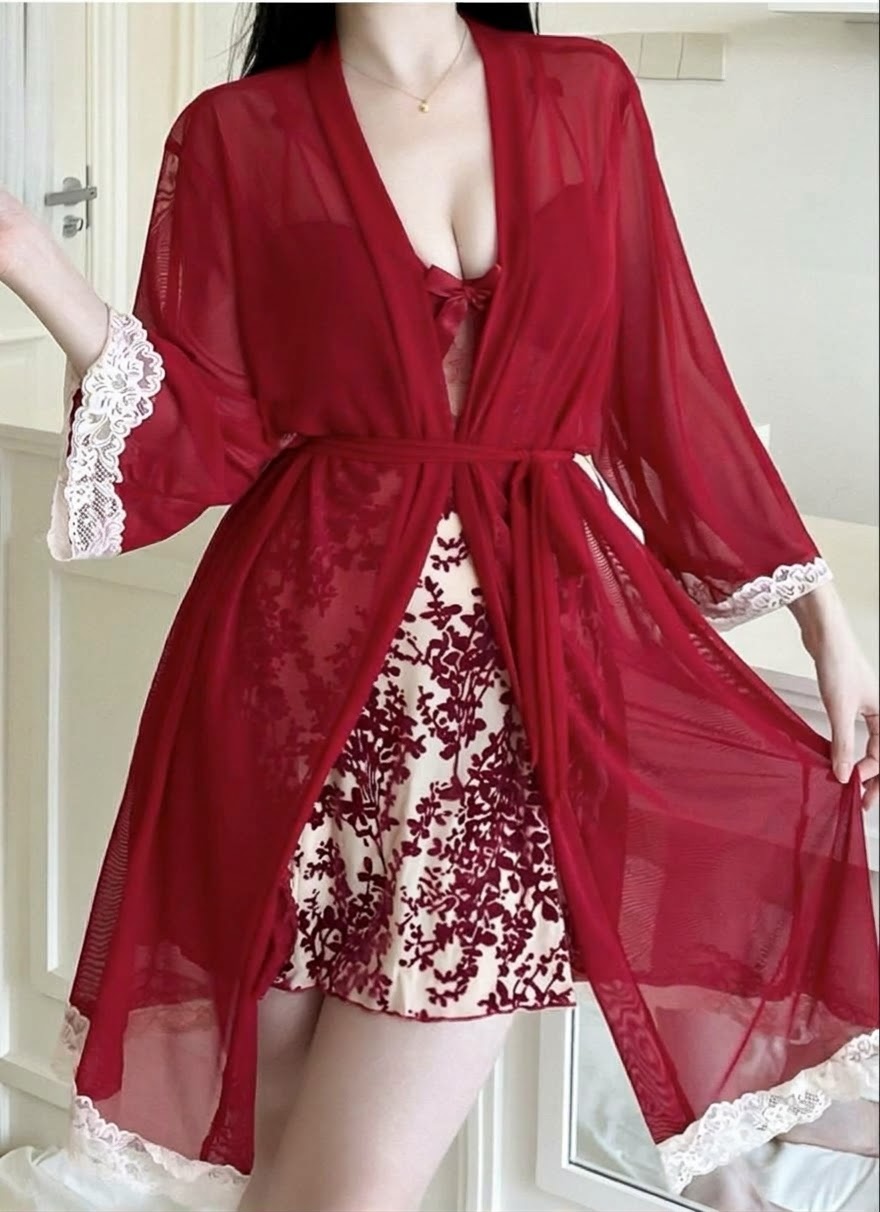 Kall Shopping Kall Shopping Lace Trimmed Robe Velvet Nightgown Set